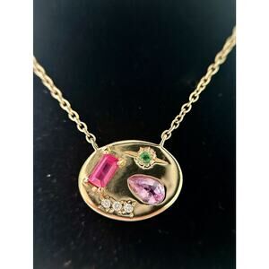 Designer Scosha Pink Night Market Signet 10K Gold Necklace Sapphire Diamonds